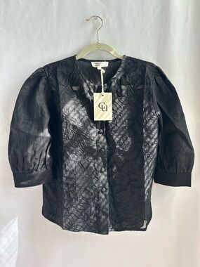 Chasing Unicorns Embroidered Black Satin Puff Sleeve Blouse Linen